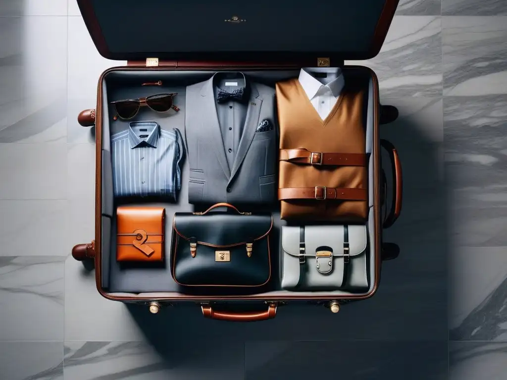 Maleta de lujo: elegancia y estilo en cada detalle Consejos expertos para empacar: Maleta lujosa abierta en suelo de mármol con ropa de diseño doblada y accesorios elegantes
