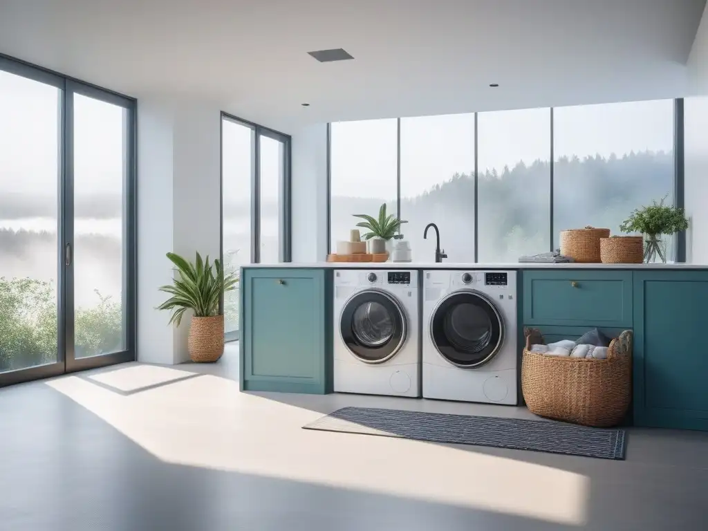 Espacio de lavandería moderno y acogedor con detergentes ecológicos Consejos eco para lavado de ropa en moderna lavandería con electrodomésticos de acero inoxidable y detergente ecológico