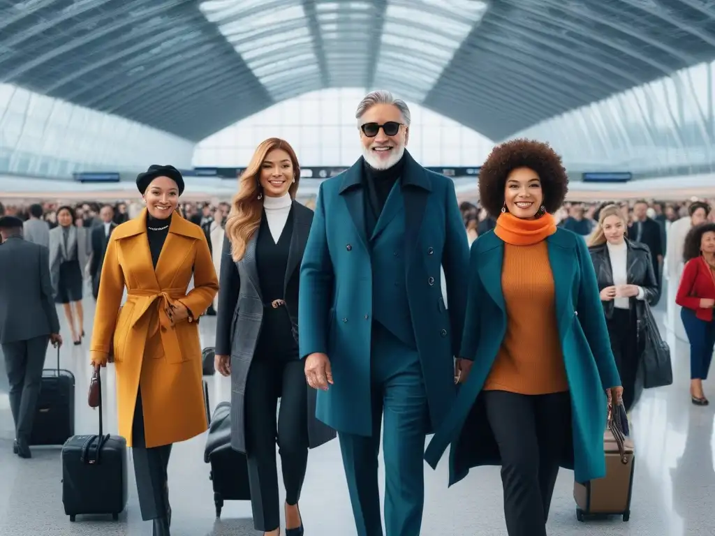 Viajeros modernos: diversidad y estilo en el aeropuerto Consejos de moda adaptativa para viajeros: Grupo diverso en aeropuerto con ropa versátil y moderna