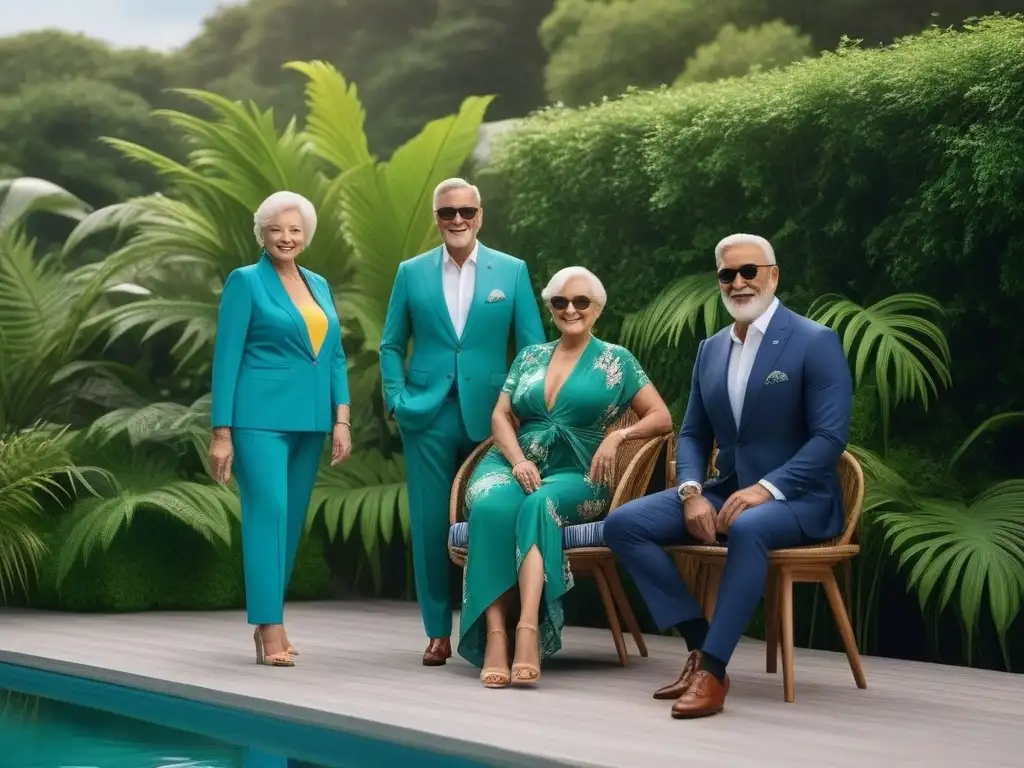 Moda de baño para seniors: elegancia y confianza en la piscina Consejos de moda para seniors: grupo de adultos mayores luciendo trajes de baño elegantes y modernos junto a la piscina