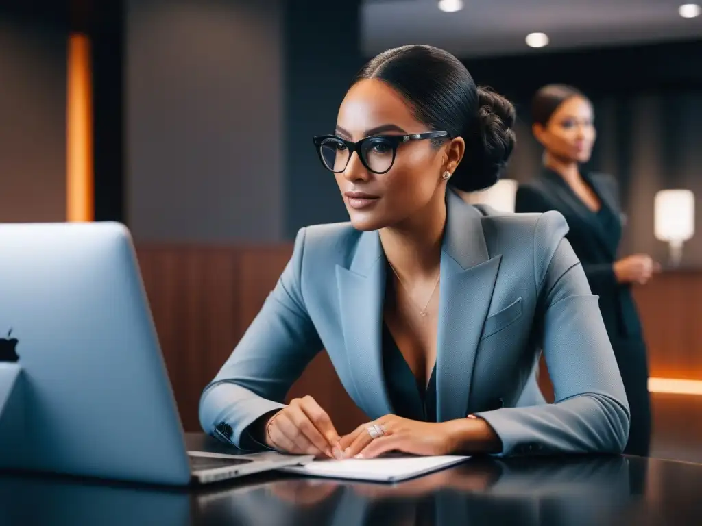 Inversores diversos y con estilo en reunión de moda Consejos financiación moda diversa: Inversionistas diversos y elegantes colaboran en una mesa de conferencias con laptops y gráficos financieros