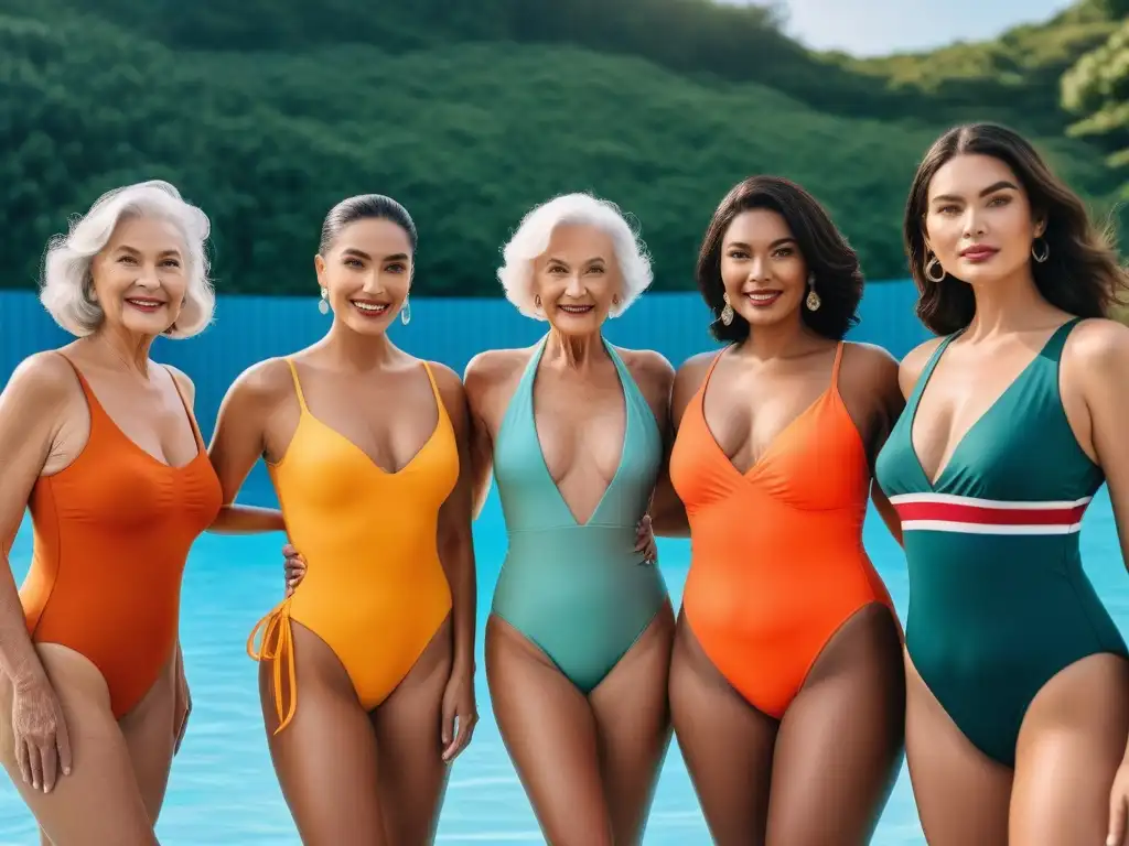 Estilo y empoderamiento: bañadores elegantes para mayores Consejos de moda para seniors: Grupo de seniors elegantes, luciendo trajes de baño variados junto a una piscina, rodeados de exuberante vegetación