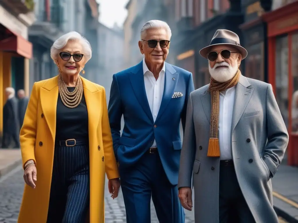 Estilo senior: moda moderna y elegante en la ciudad Consejos de moda para seniors: Estilo moderno y elegante en un grupo de mayores paseando por la ciudad con confianza