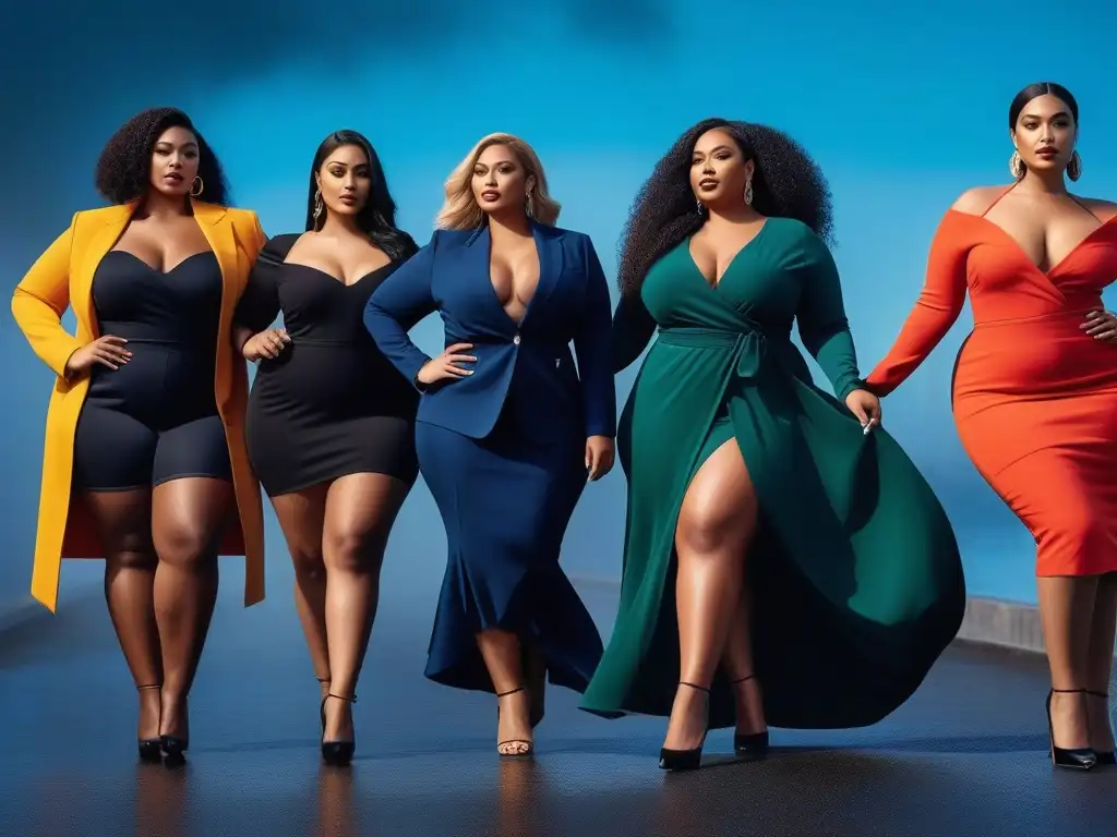 Modelos plussize empoderadas en moda urbana Sesión de consejos de moda plus size: modelos confiadas, estilosas y diversas posan con carisma y glamour en paisaje urbano