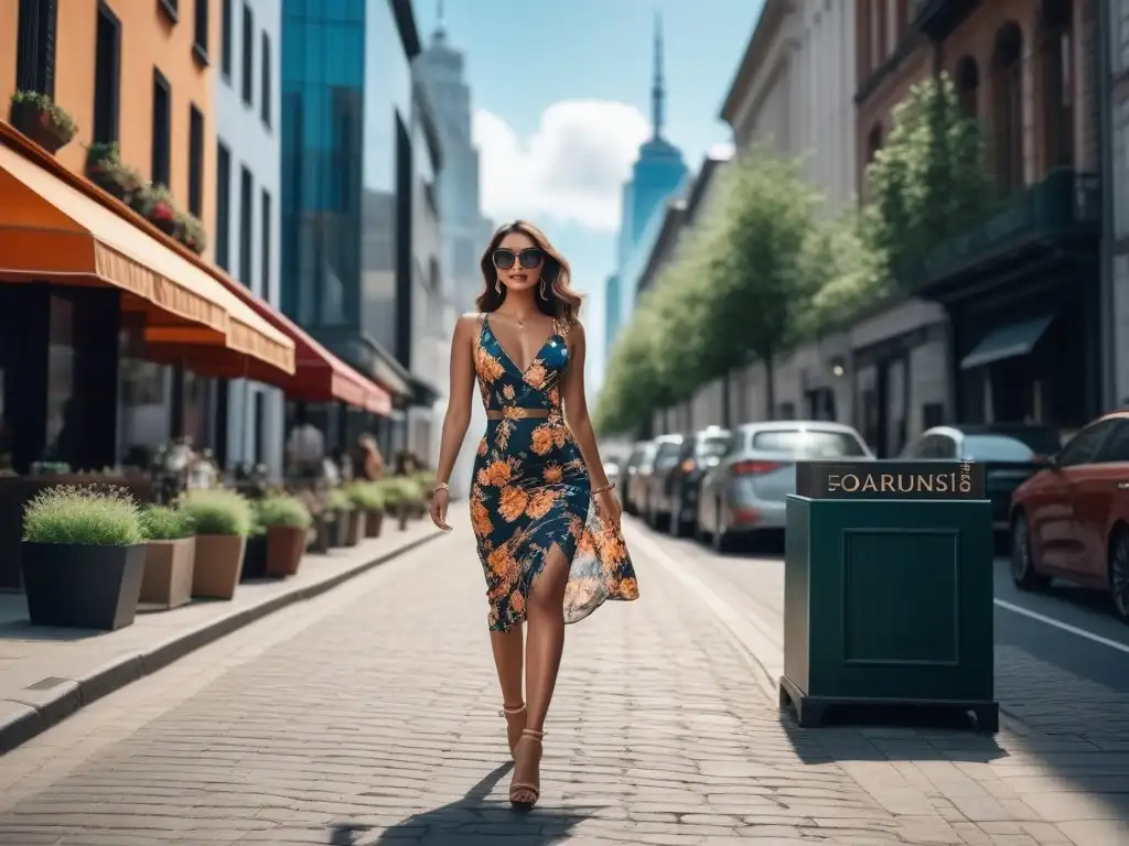 Estilo veraniego: mujer chic pasea confiada por la ciudad Consejos moda petite temporada actual: mujer chic paseando con confianza por la ciudad en verano