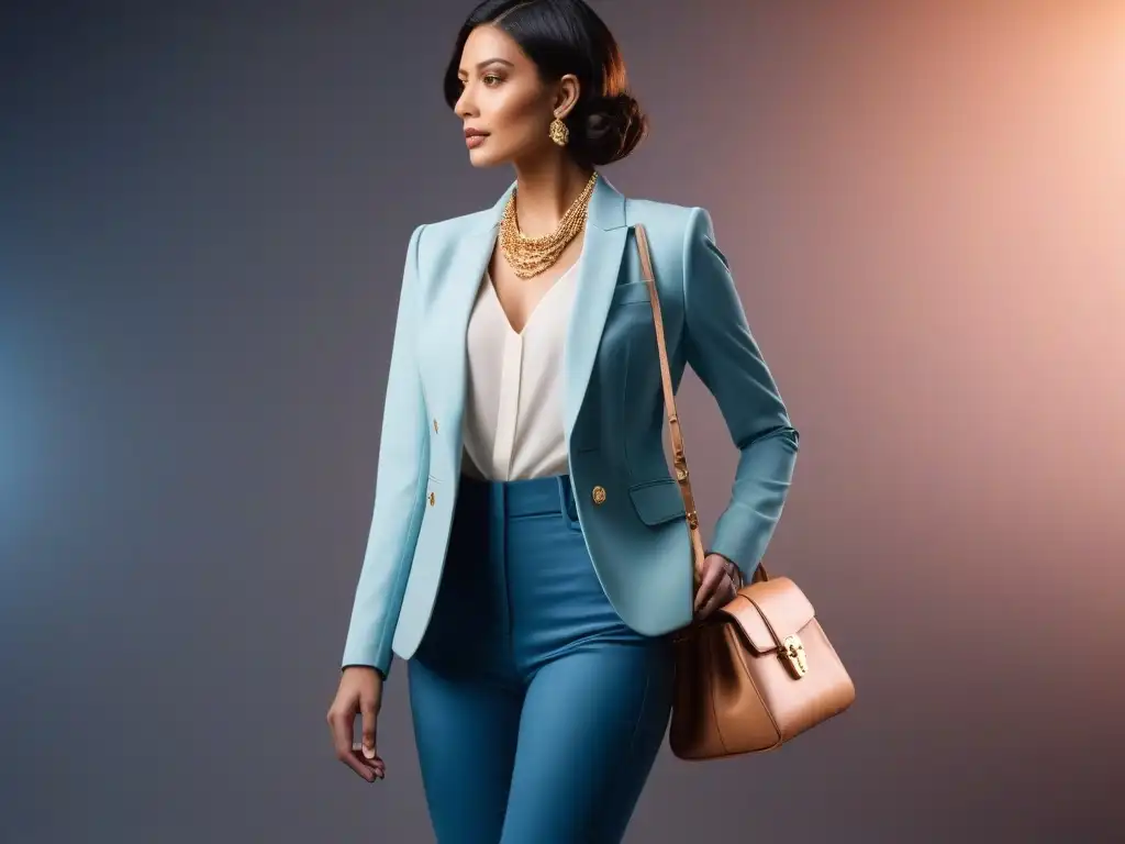 Outfit elegante y moderno con blazer pastel y skinny jeans oscuros Consejos de moda para silueta petite: Elegante outfit con blazer a medida y skinny jeans de tiro alto, accesorios en tonos neutros
