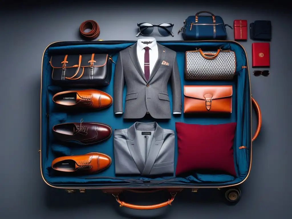 Conjunto de viaje elegante y moderno con equipaje a juego Consejos para combinar moda y viaje: Conjunto de outfits de viaje elegantes junto a equipaje de lujo a juego en un diseño moderno y sofisticado