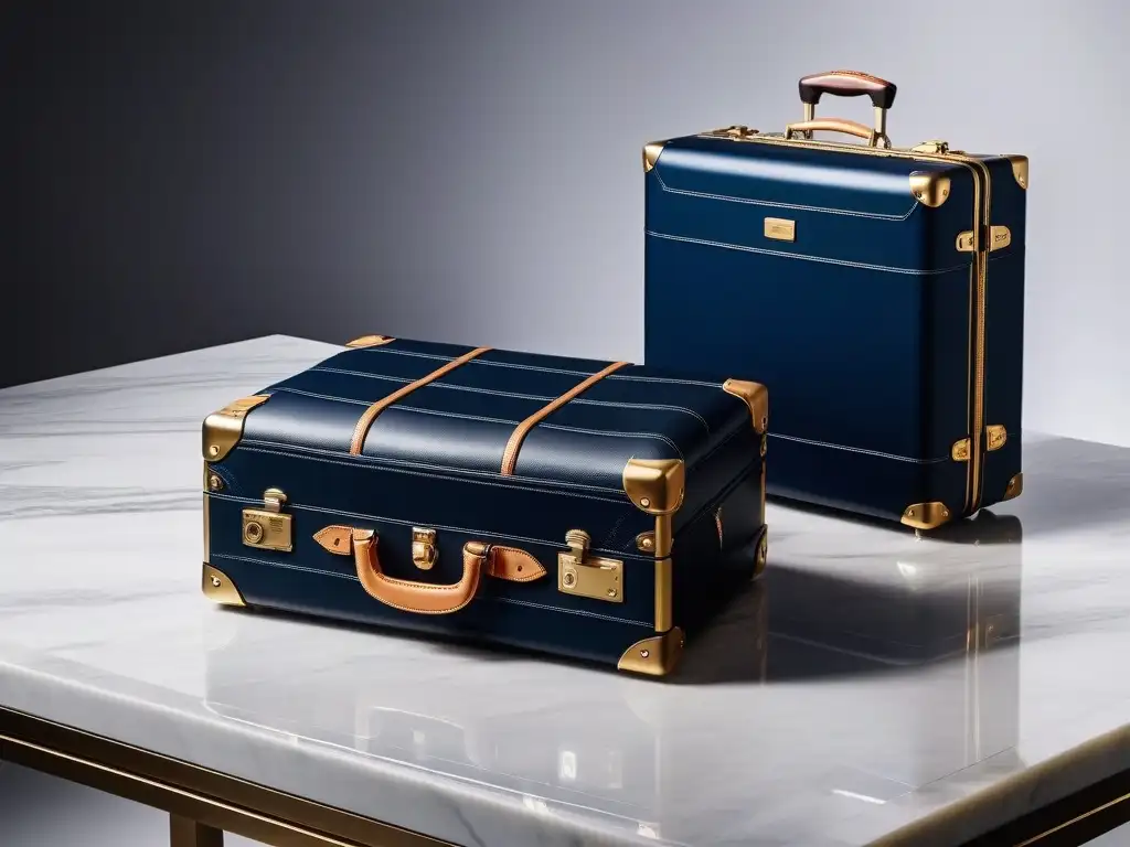 Conjunto de viaje de lujo: maletas y accesorios en tonos navy y oro Consejos para combinar moda y viaje: Conjunto de viaje de lujo en tonos de azul y dorado sobre elegante encimera de mármol