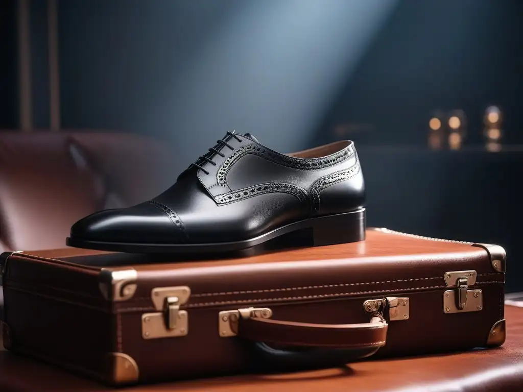 Outfit de viaje moderno sobre maleta de cuero Consejos para combinar moda y viaje: Conjunto elegante sobre maleta de lujo en hotel chic