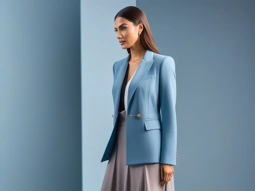 Estilo sofisticado: mujer elegante se viste con blazer y falda larga Consejos outfit equilibrado moda Tall: Mujer elegante en espejo, combinando blazer y falda para un look sofisticado y chic