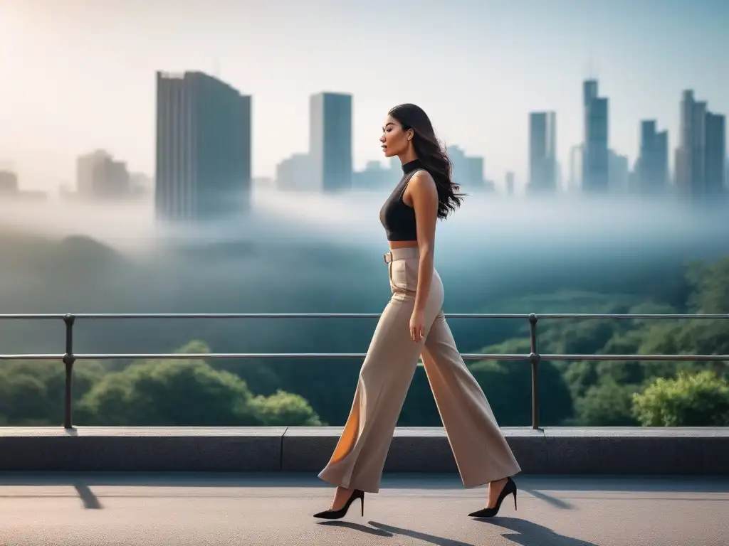 Estilo urbano: mujer elegante en pantalones de talle alto Consejos para piernas largas petite: Mujer elegante en pantalones de tiro alto y cropped top, caminando con confianza en la ciudad