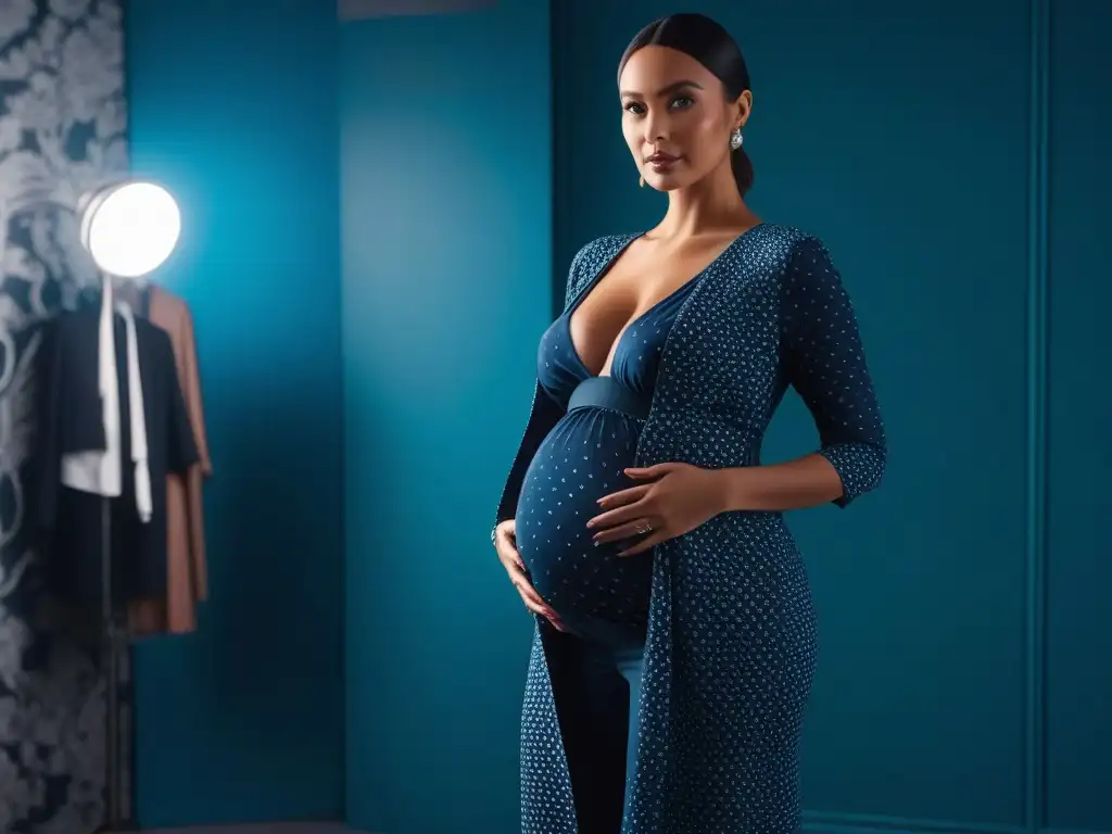 Elegante mujer embarazada en espejo con outfit de moda Consejos para comprar ropa maternal: Mujer embarazada elegante frente al espejo con atuendo de moda y colores vibrantes