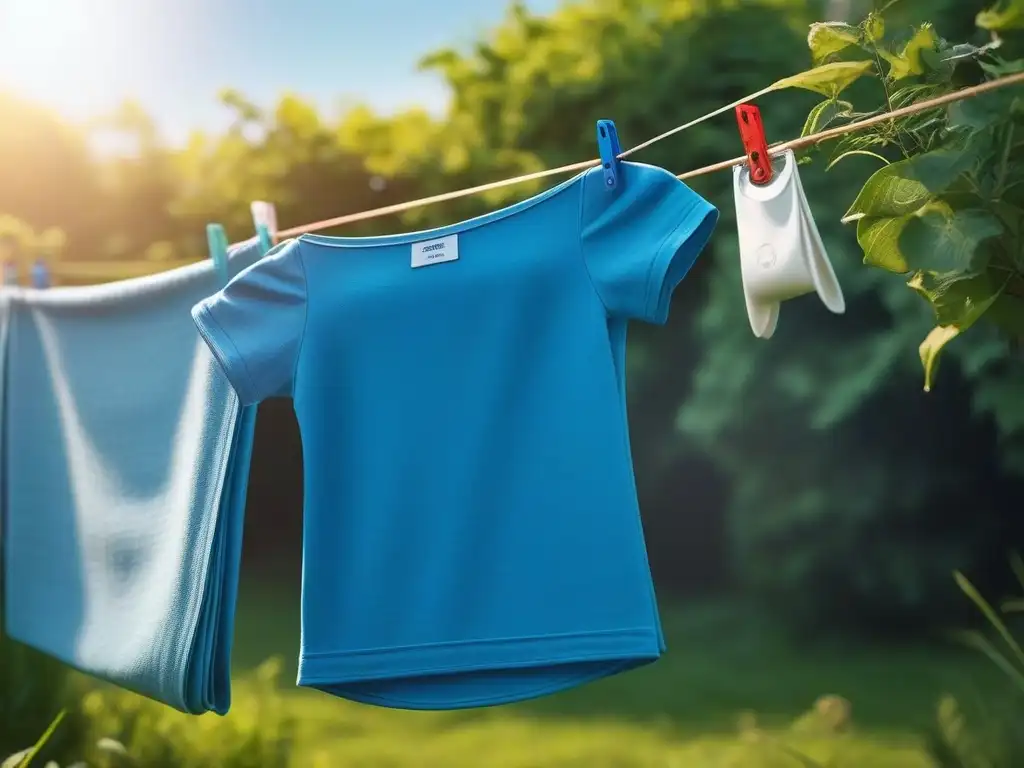 Ropa sostenible en jardín eco: prendas orgánicas y clips ecológicos Consejos sostenibles cuidado ropa: Ropa eco en tendedero de madera en jardín verde, con prendas sostenibles ondeando al viento y mariposas
