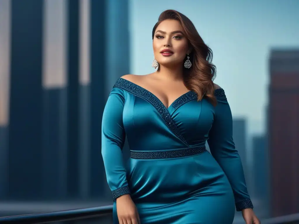 Modelo plus size confiada: moda urbana y empoderamiento Consejos de styling para resaltar rasgos: Modelo de talla grande segura, sonriente, con atuendo moderno en ciudad