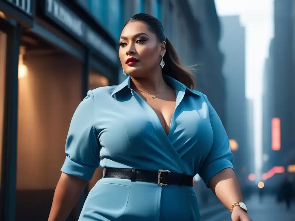 Mujer plus size segura y elegante en la ciudad Consejos de styling para resaltar los rasgos: Mujer plus size segura y elegante en la ciudad