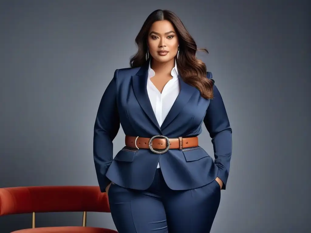 Empoderamiento: mujer plus size elegante y segura en traje a medida Consejos de styling para resaltar rasgos: Mujer plus size segura y elegante en blazer y pantalones de pierna ancha, irradiando poder y sofisticación