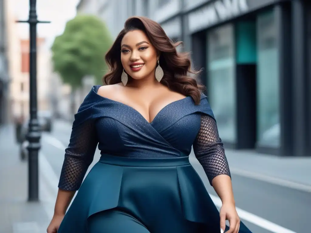 Empoderamiento en la moda: mujer plus size segura y estilosa Consejos de styling para resaltar los rasgos de una mujer plus size empoderada y segura de sí misma en un entorno urbano moderno