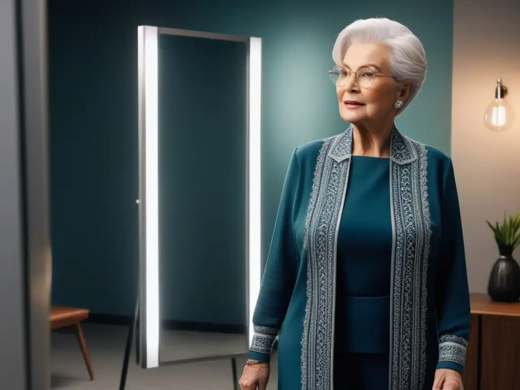 Moda para mayores: Empoderamiento y estilo en vestimenta adaptativa Consejos moda seniors tallas especiales: Mujer mayor segura y elegante en vestuario adaptado, reflejándose en espejo de cuerpo entero