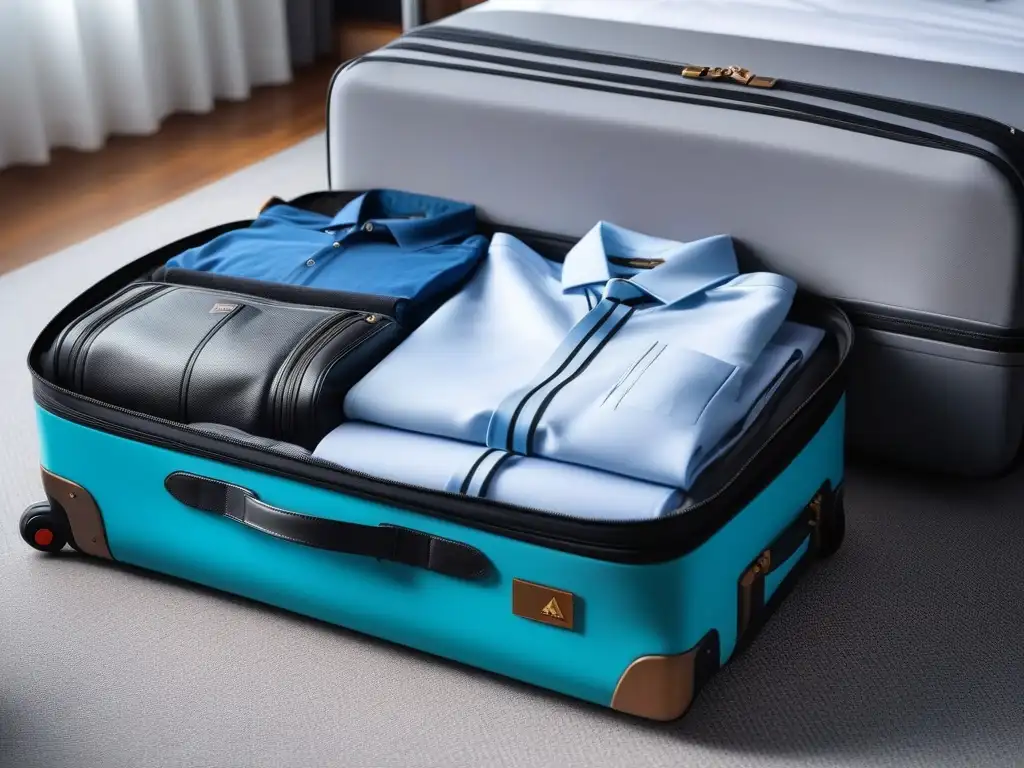 Packing listo: maleta organizada para viajeros elegantes Consejos de viaje: armario petite ligero perfectamente organizado en moderna maleta de mano en elegante habitación de hotel