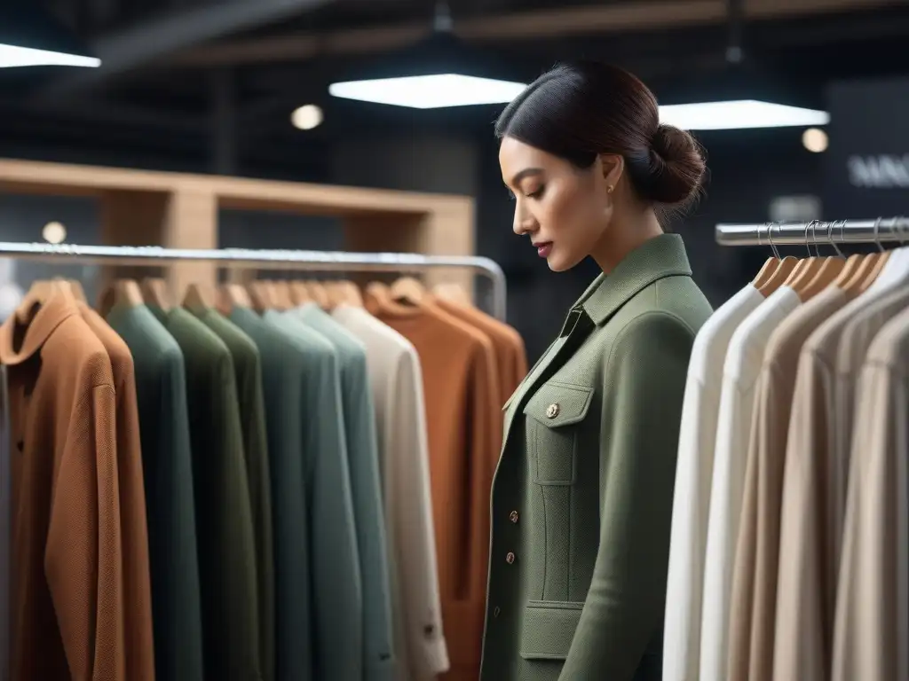 Compra consciente: explorando etiquetas en tienda eco-friendly Un consumidor consciente examina etiquetas en una tienda de moda sostenible, rodeado de prendas ecológicas en tonos terrosos