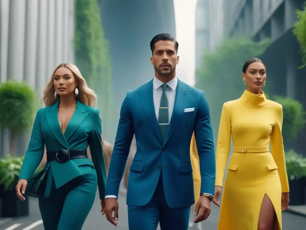Moda sostenible: elegancia urbana en 8k Consumidores de moda consciente sostenible lucen elegantes atuendos en la ciudad futuristic