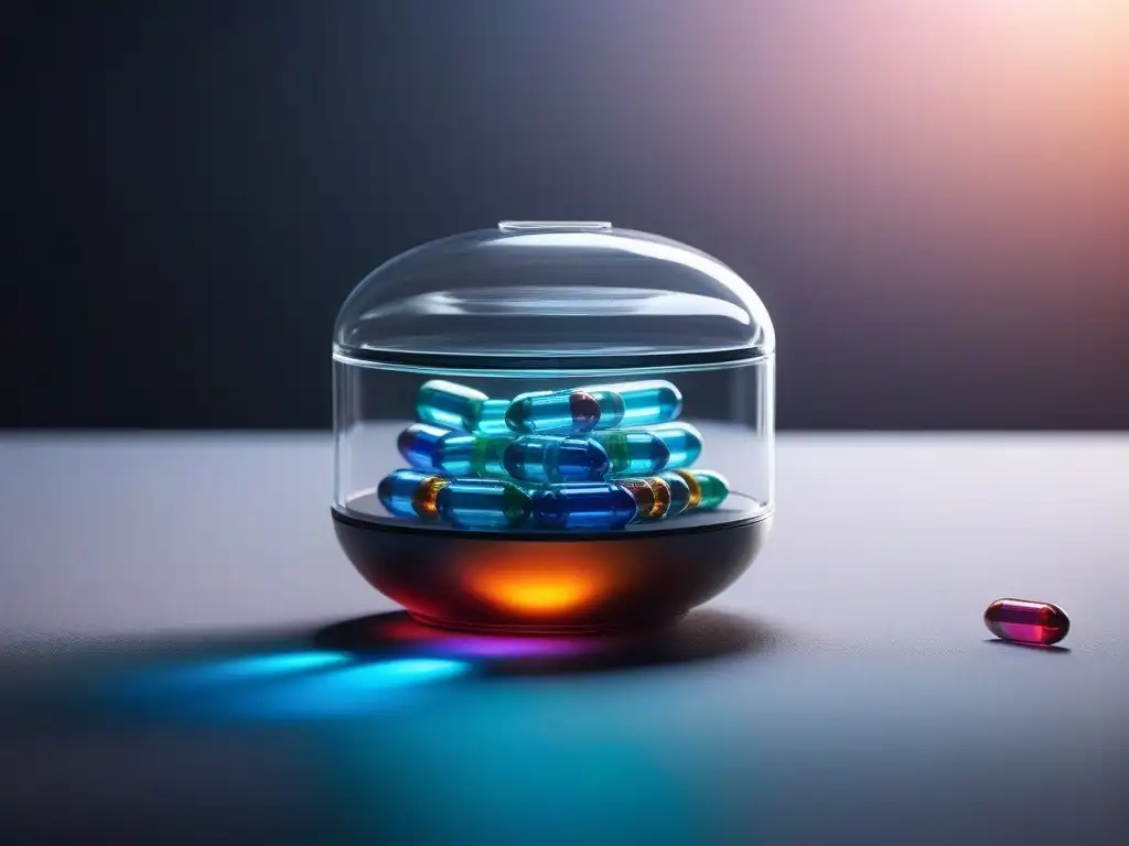 Píldoras cerebrales futuristas: innovación y potencial ilimitado Contenedor futurista de suplementos para rendimiento mental en laboratorio de alta tecnología