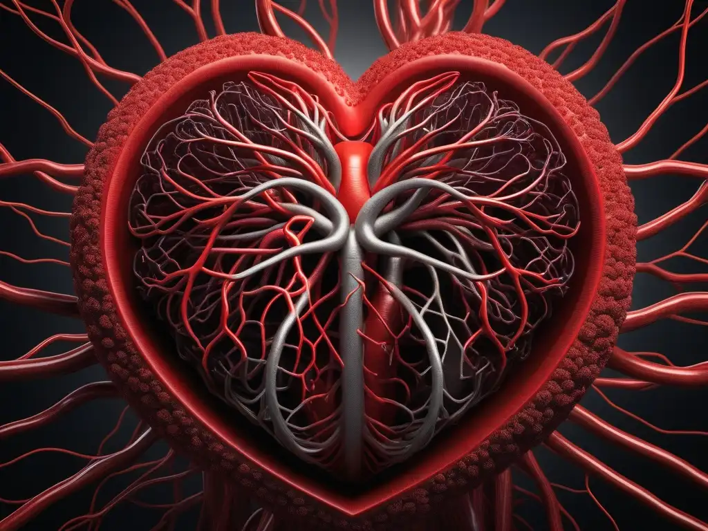 Corazón vibrante y redes circulatorias: vitalidad cardiovascular Un corazón vibrante rodeado de vasos sanguíneos intrincados, destacando la vitalidad y conexión del sistema cardiovascular