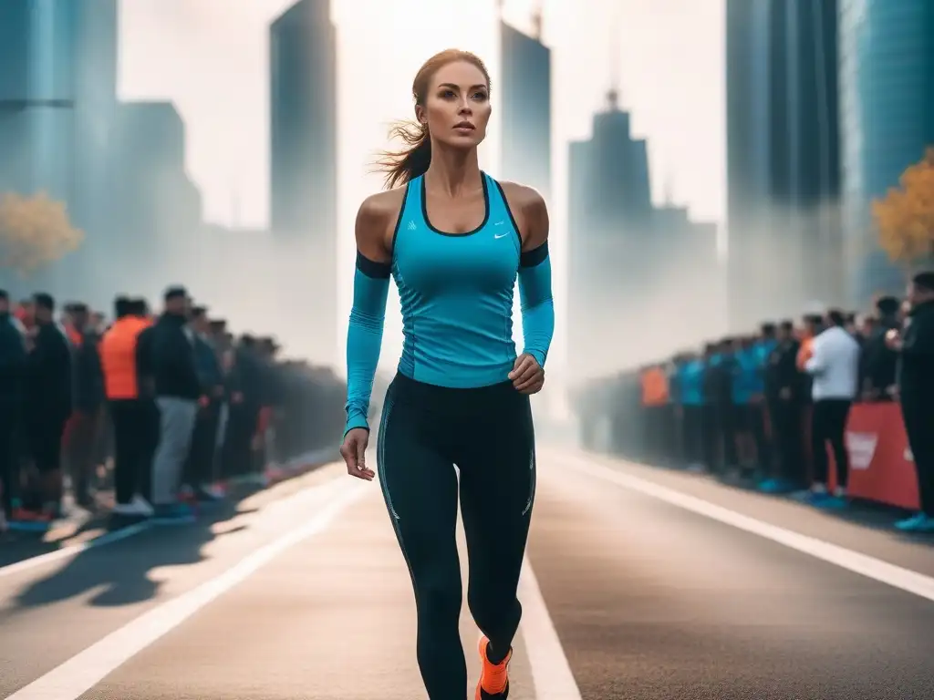 Runner futurista listo para la carrera al amanecer Un corredor de maratón seguro y moderno, listo en la línea de salida con una ciudad futurista al fondo