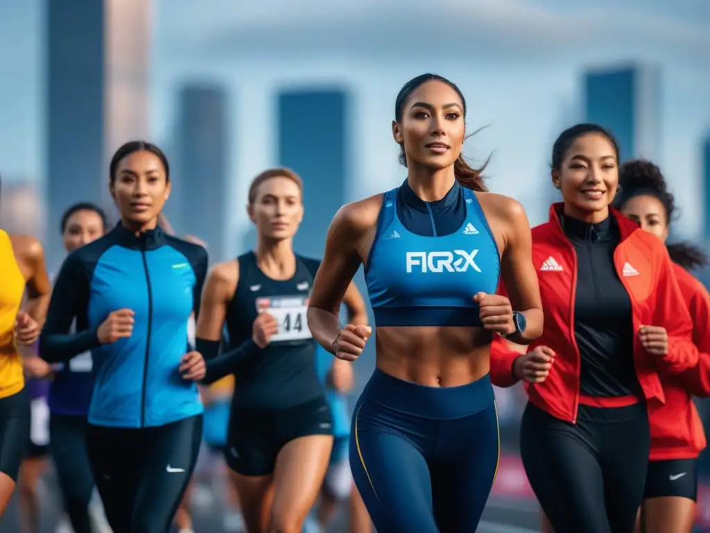 Maratonistas multiculturales celebran la diversidad en la carrera Corredores de maratón, diversos y unidos, luciendo activewear colorido y moderno frente a la ciudad al atardecer