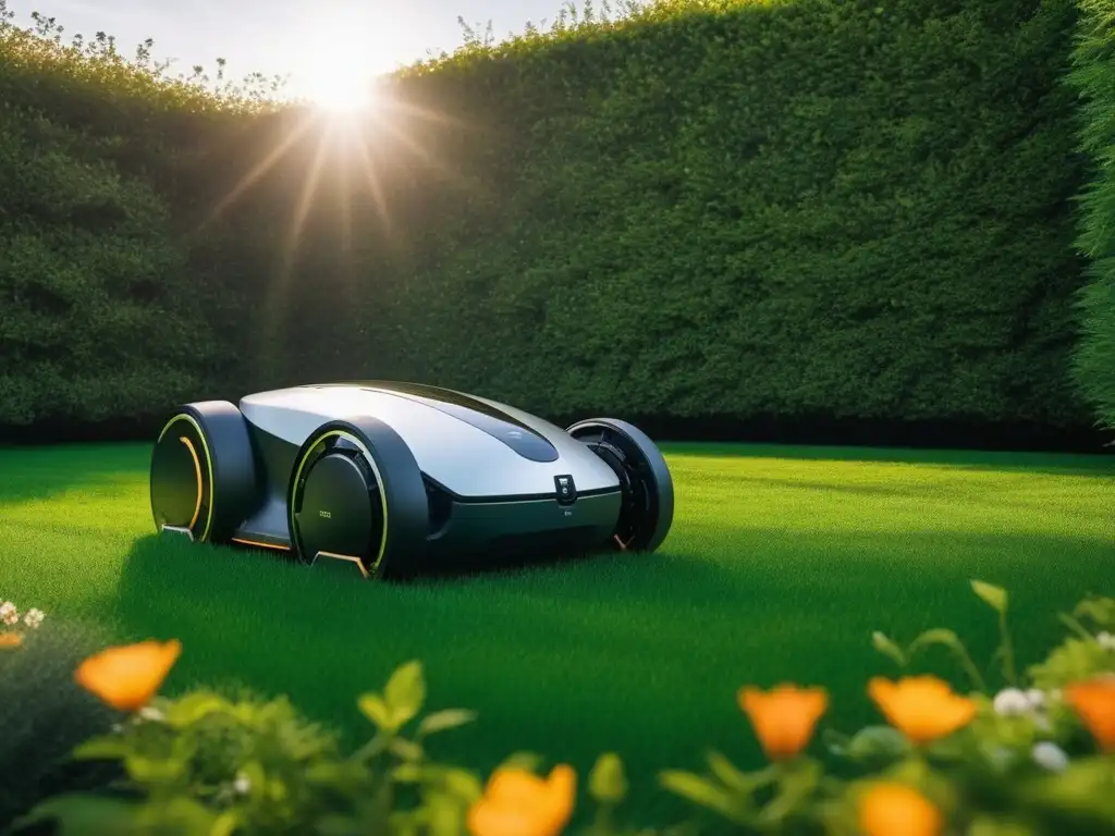 Robótico cortacésped futurista en jardín de ensueño al atardecer Un cortacésped robótico futurista cortando precisamente el césped en un jardín, con un diseño moderno y eficiente