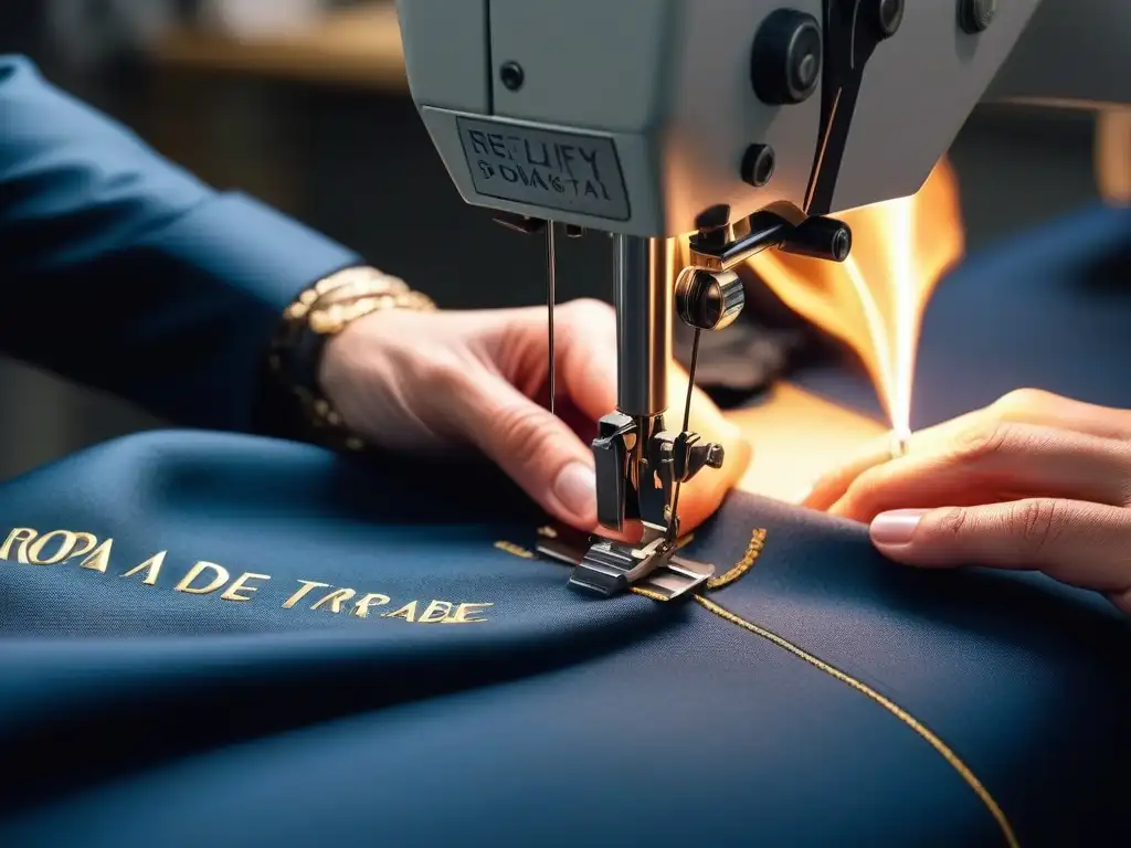 Artesanía sostenible: Costura detallada en traje de trabajo Una costurera detalladamente cose 'Ropa de Trabajo Sostenible' en un saco, resaltando la artesanía y dedicación en moda sostenible