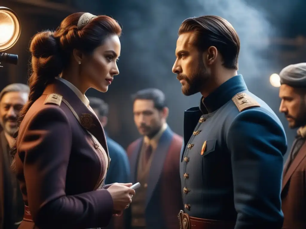 Equipo diverso y comprometido en set de filmación Representación cuerpos diversos en ficción: Actores de distintas etnias y tallas debaten en set de película, rodeados de equipo de producción