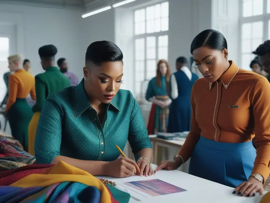 Diseñadores trans y no binarios crean moda inclusiva en estudio vibrante Inclusión de cuerpos diversos en moda: Grupo de diseñadores trans y no binarios creando con pasión en un estudio colorido y moderno