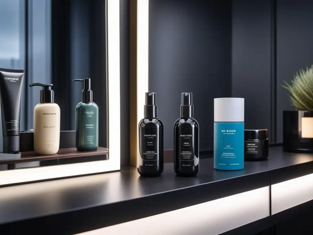 Estación de aseo masculino de lujo con productos exclusivos Estación de cuidado personal de lujo para hombres, con productos de belleza alta gama, elegancia y exclusividad