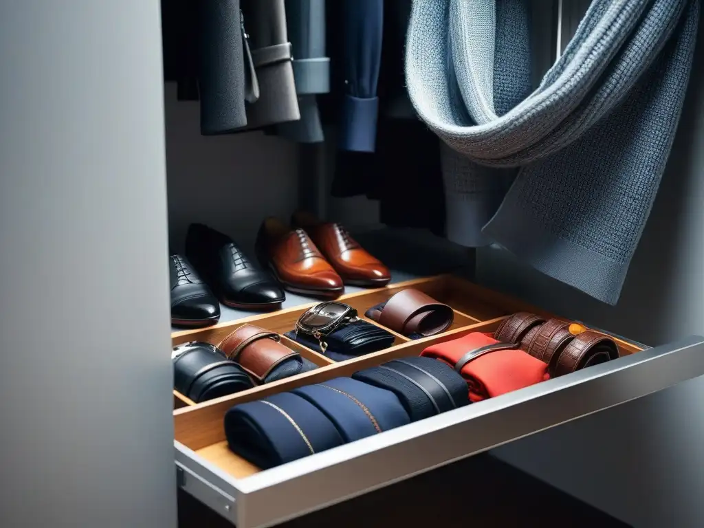 Armario organizado para inspirar - Accesorios de moda senior Cuidado de prendas ropa senior: Organizador moderno y detallado con accesorios perfectamente ordenados