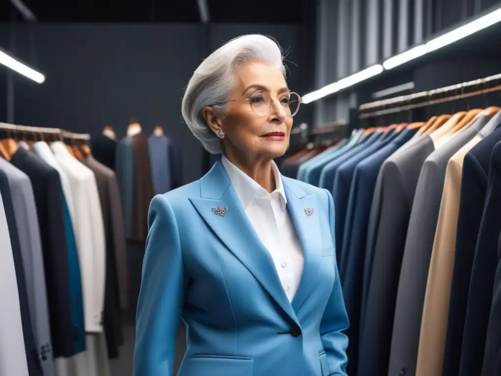 Estilo senior: sofisticación y elegancia en prendas a medida Una dama mayor con cabello plateado, viste un traje a medida en una boutique moderna