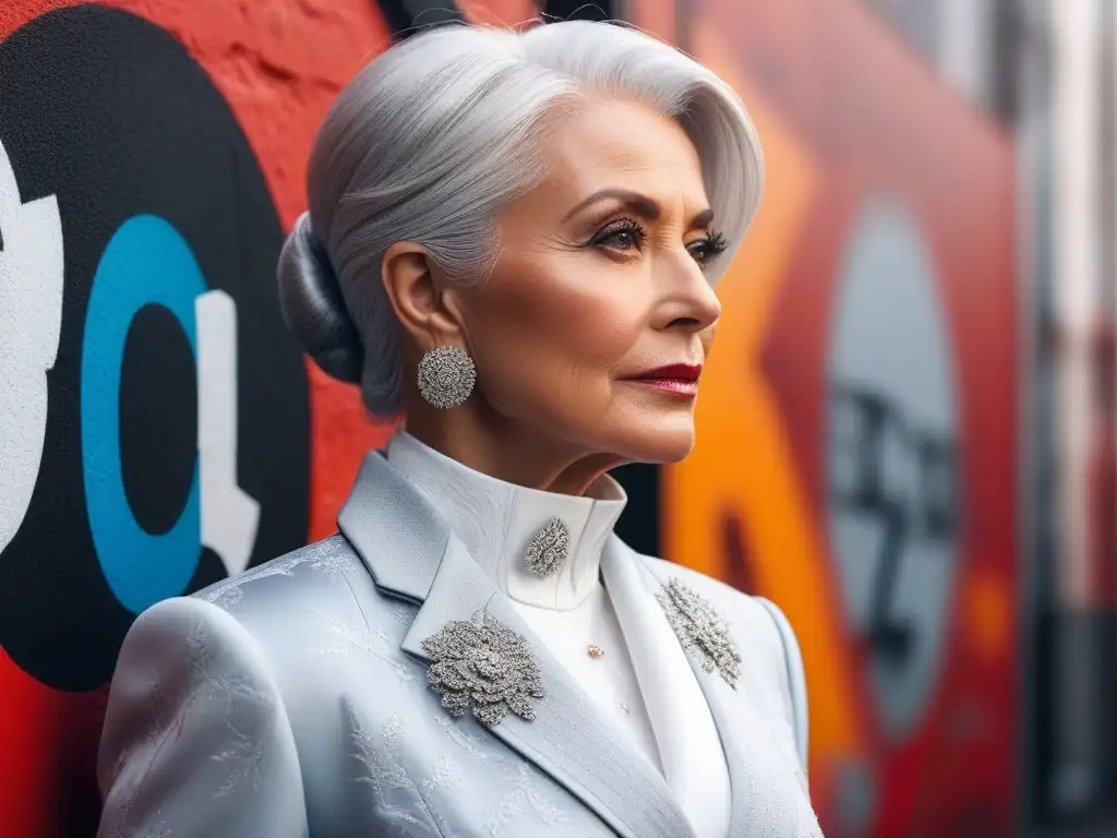 Estilo atemporal: mujer mayor elegante frente a graffiti vibrante Dama mayor elegante frente a graffiti, fusionando moda senior con arte moderno y clásico