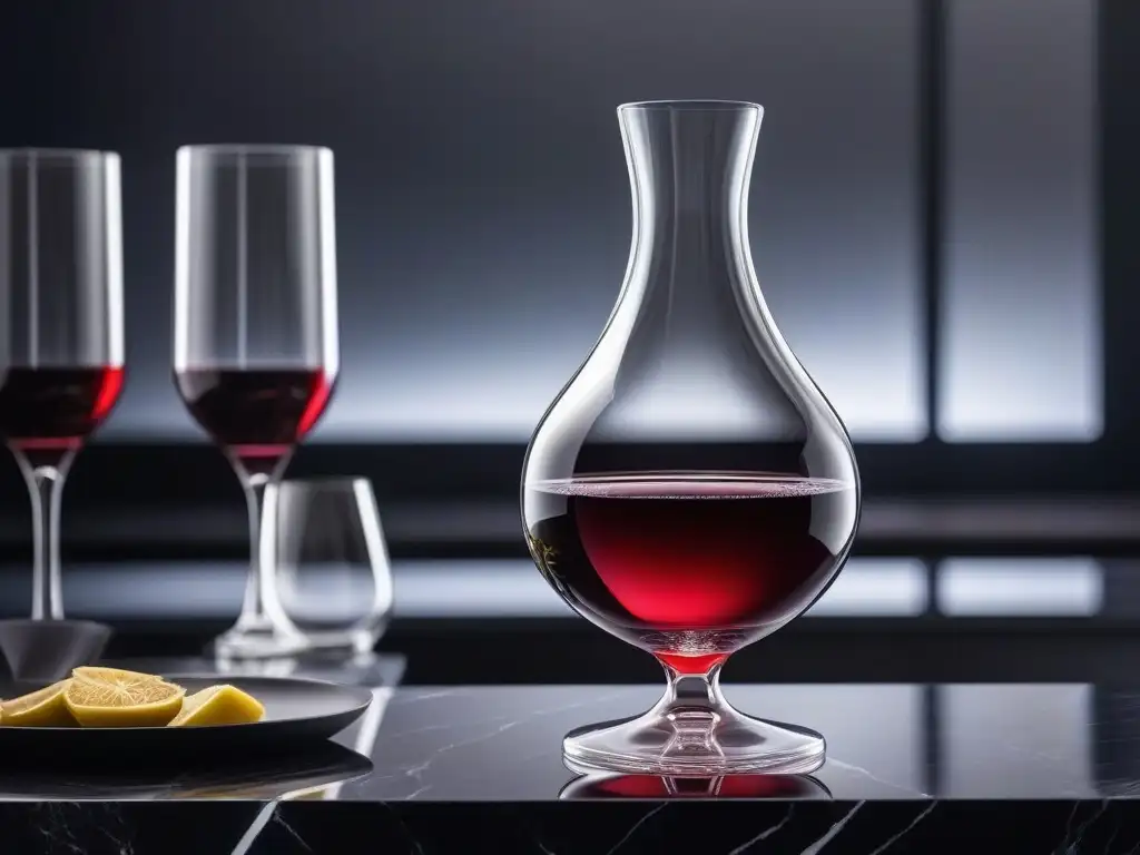 Decantador de vino futurista con LED y copas de lujo Un decantador de vino futurista con luces LED, rodeado de copas de lujo y un sistema de conservación