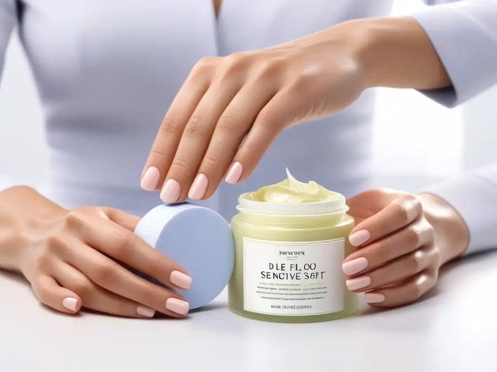 Delicada rutina de cuidado para piel sensible Delicadas manos femeninas sostienen productos de belleza para piel sensible en elegante presentación pastel