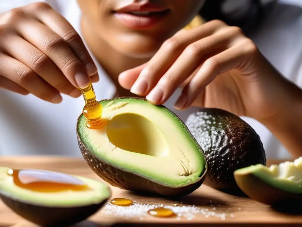 Aplicación delicada de mascarilla de aguacate y miel Un delicado masaje con mascarilla de aguacate y miel, para tipos de piel, resaltando lo natural y nutritivo