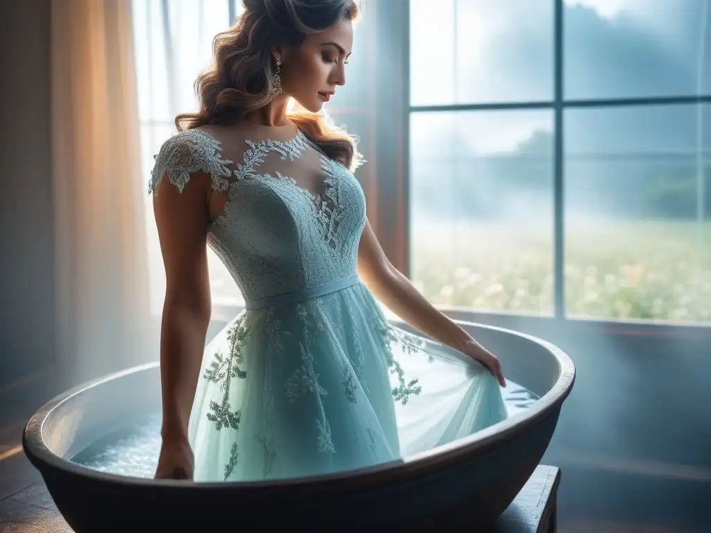 Limpieza cuidadosa de vestido de encaje en agua jabonosa Delicado vestido de encaje lavándose a mano con cuidado en un lavabo, iluminado por suave luz solar
