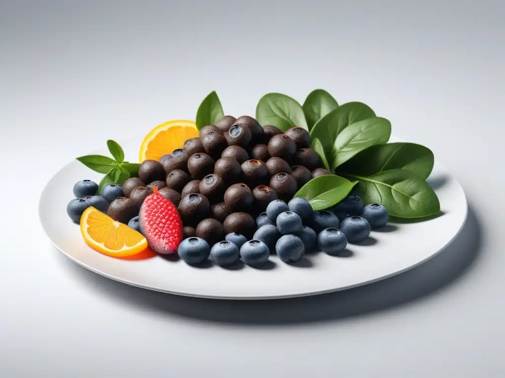 Selección antioxidante para una piel radiante Deliciosa alimentación para piel sana: variedad de alimentos antioxidantes frescos y vibrantes en elegante plato blanco