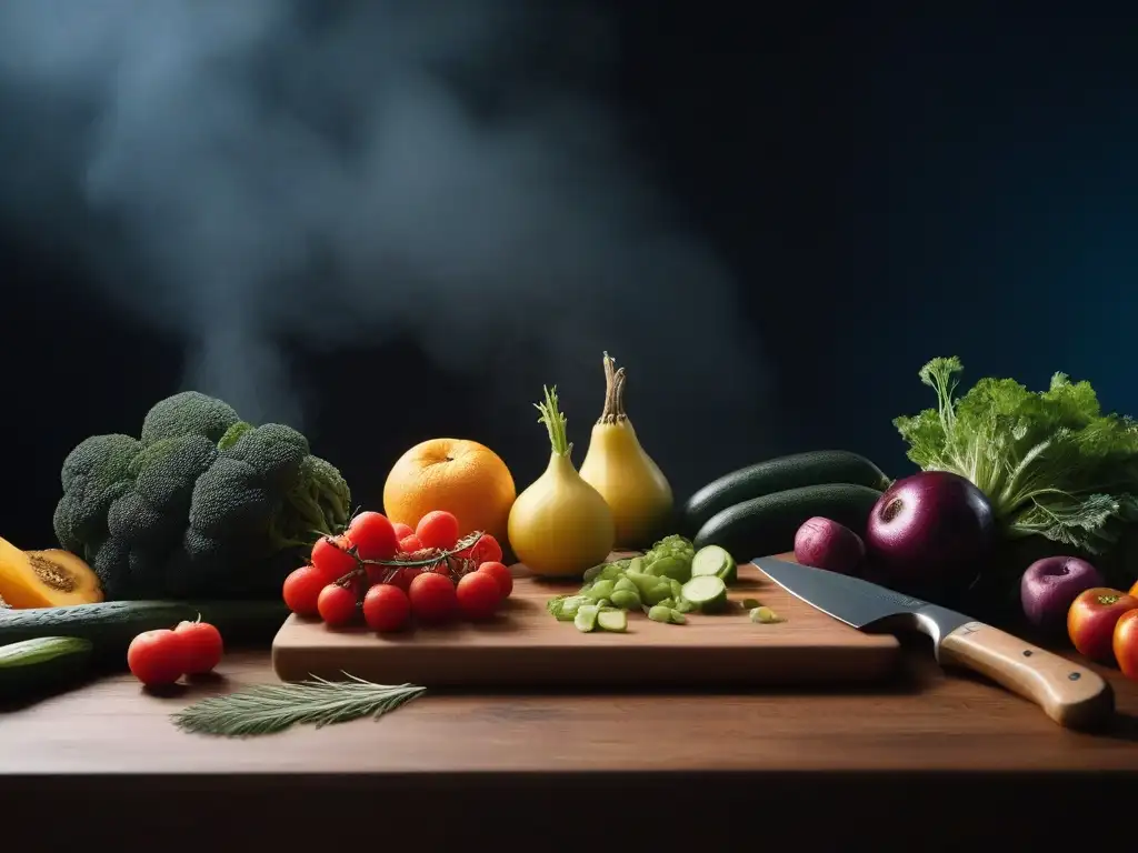 Deliciosos alimentos frescos y coloridos en tabla de madera Deliciosa variedad de frutas y verduras frescas en tabla de cortar de madera con cuchillo de chef