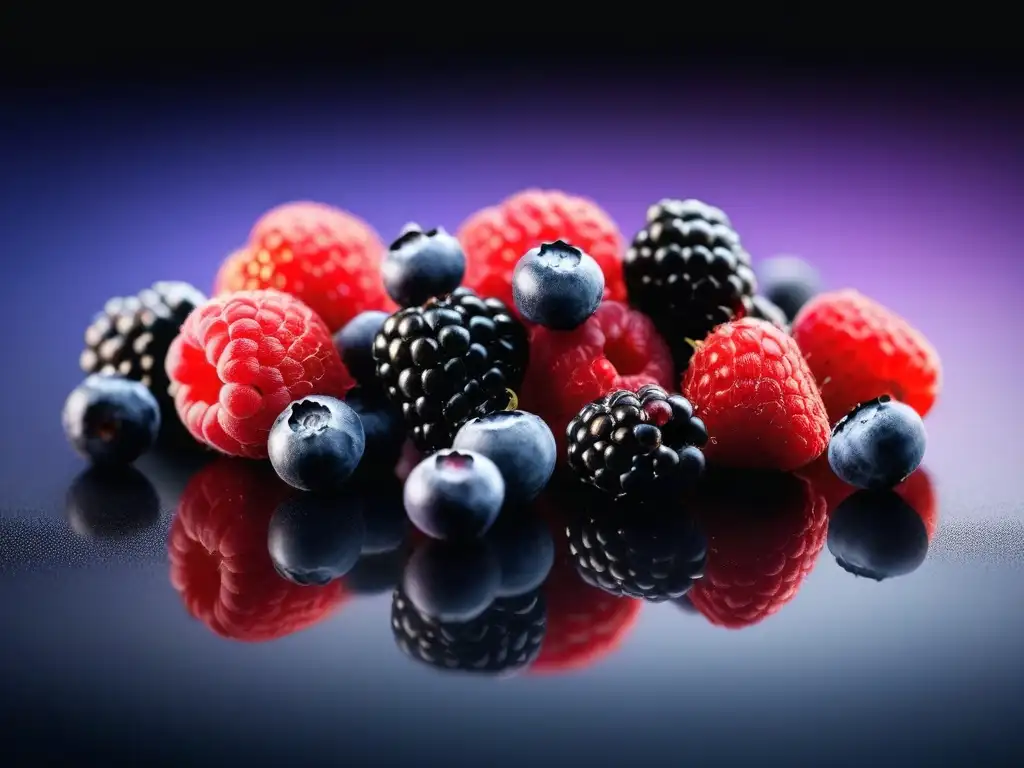 Deliciosas bayas frescas: una explosión de colores y antioxidantes Deliciosas bayas frescas y coloridas en un elegante fondo brillante