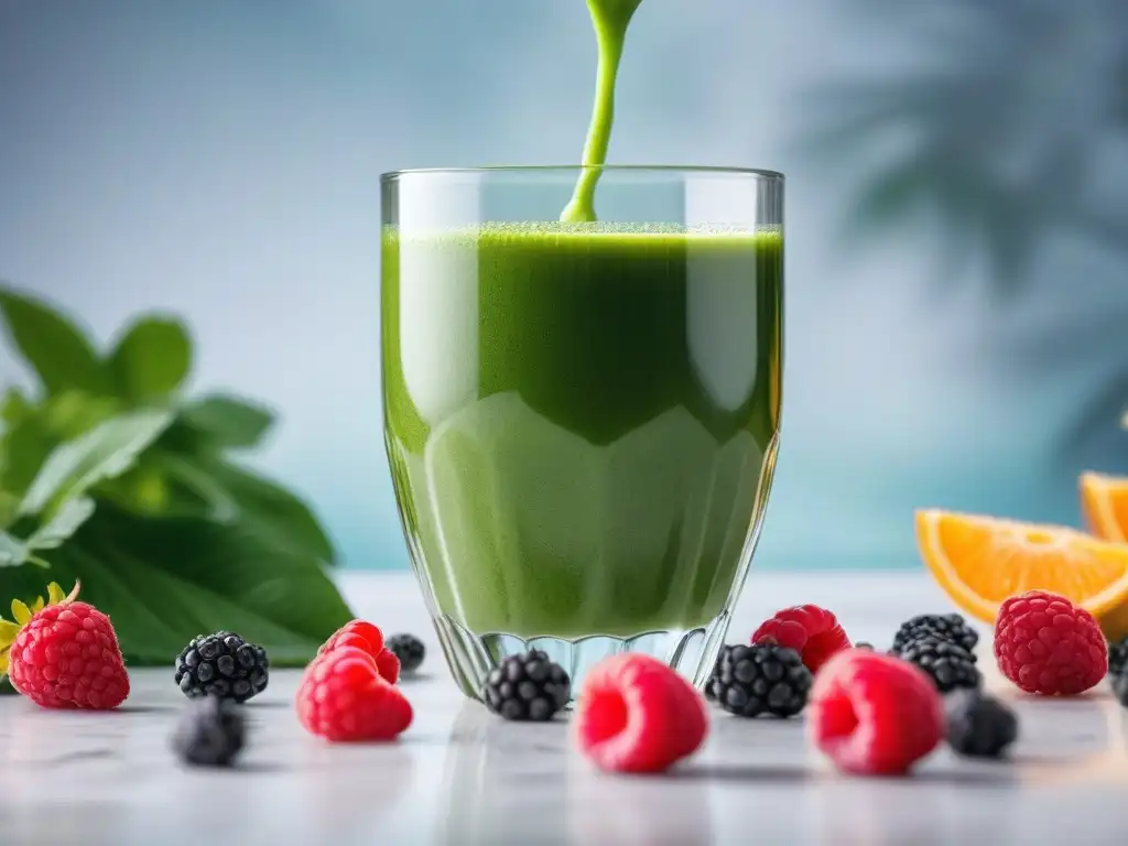 Smoothie verde detox: salud en un vaso Un delicioso batido verde con bayas y semillas de chía, en medio de exuberante vegetación tropical