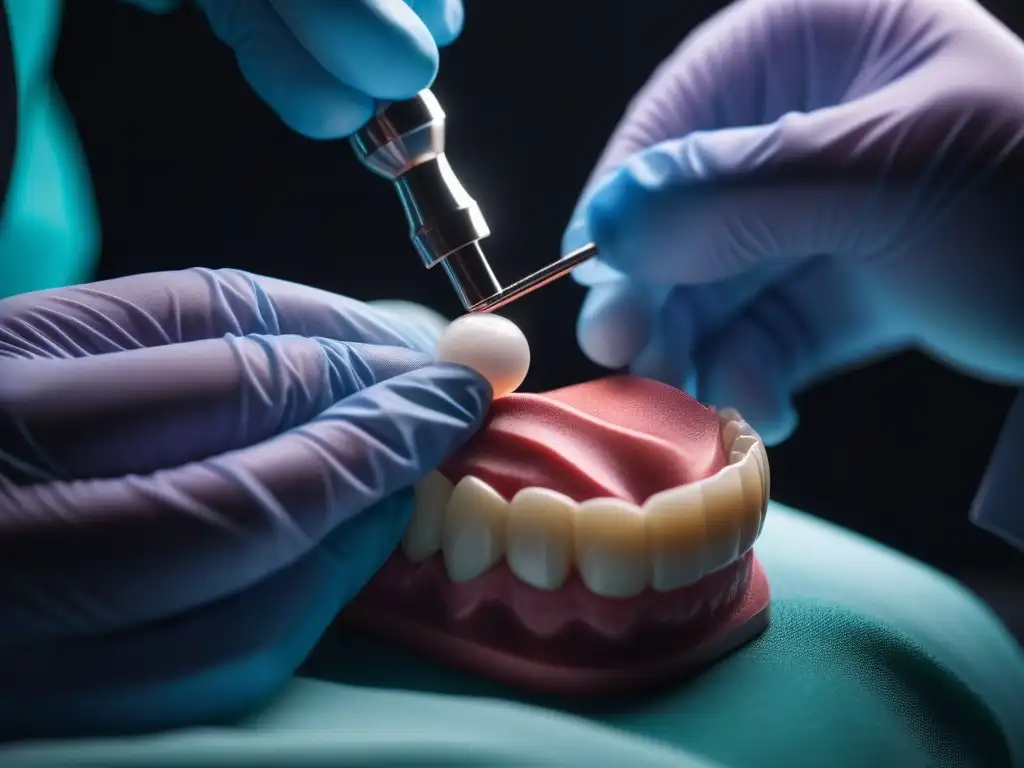 Creación detallada de carilla dental: experticia y precisión Un dentista crea una carilla de porcelana con detalle para un diente