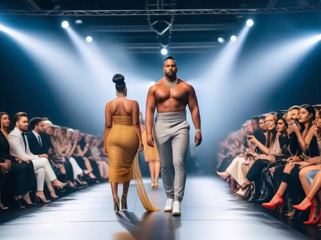 Desfile inclusivo: diversidad de cuerpos, colores y géneros en la moda Desafío estándares belleza moda inclusiva: Grupo diverso desfila en pasarela con atuendos inclusivos, rompiendo estándares