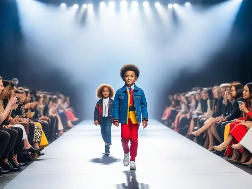 Desfile de moda infantil: diversidad y estilo únicos Un desfile alegre y diverso de niños con estilos modernos y coloridos, celebrando la diversidad en moda infantil con confianza y alegría