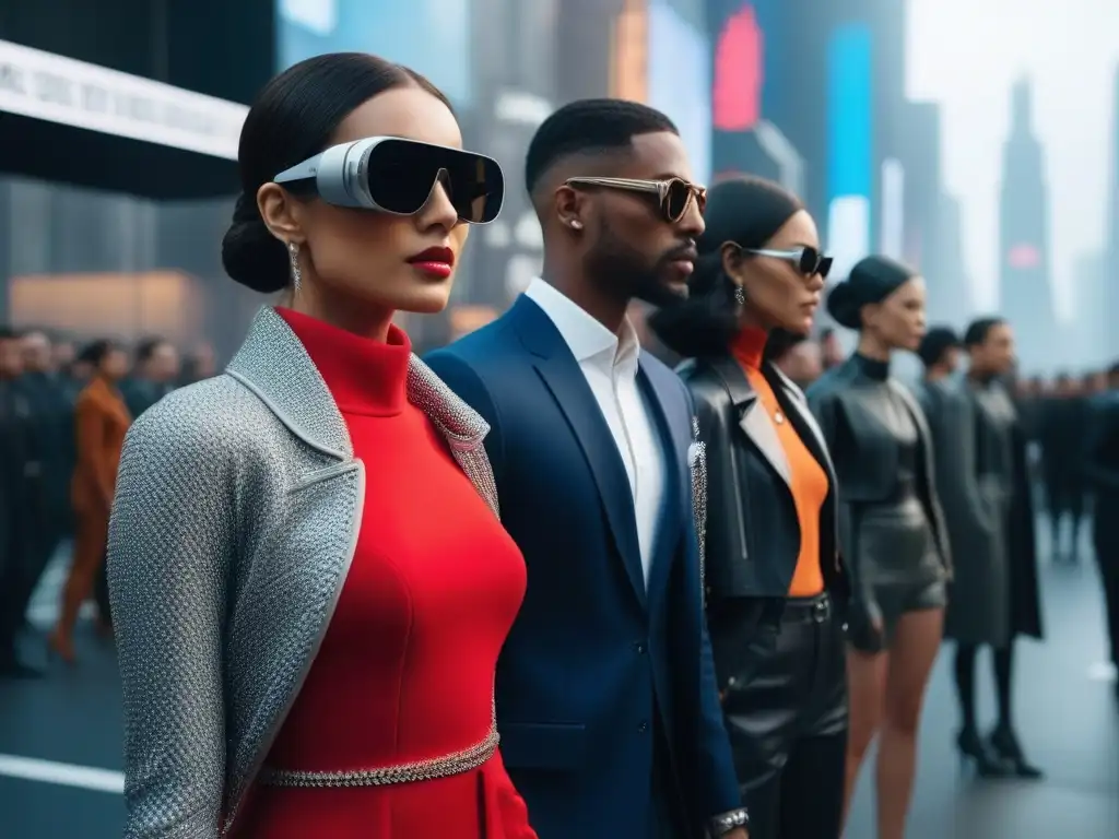 Desfile de moda tech: fusión de tecnología y estilo Un desfile de alta moda con wearables premium, fusionando tecnología y moda en un ambiente moderno e inclusivo