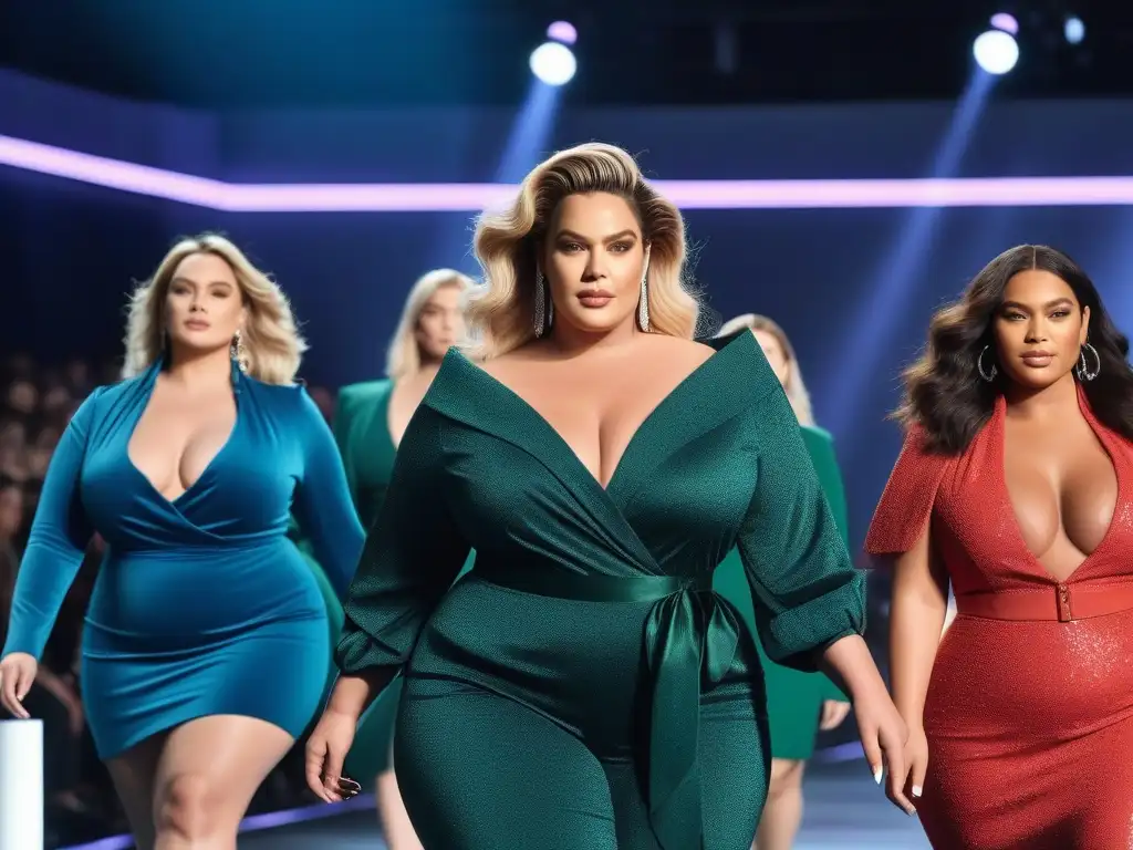 Desfile de moda inclusivo con celebridades plussize empoderadas Un desfile de celebridades plus size seguras de sí mismas, exhibiendo estilos únicos y empoderamiento